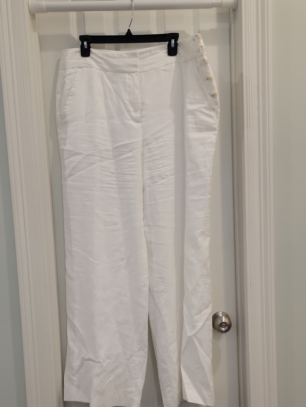 Talbots White Linen Wide-Leg Pants with Side Button Trim